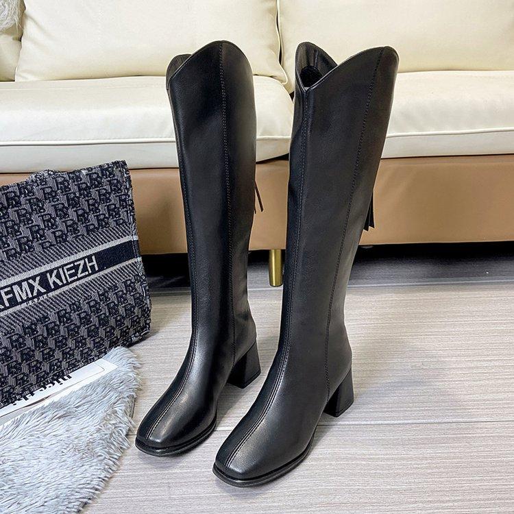 Autumn Winter New Long Boots for Women Over-the-Knee White High Boots, Chunky Heel Square Toe Fleece-Lined Slim Fit Riding Boots