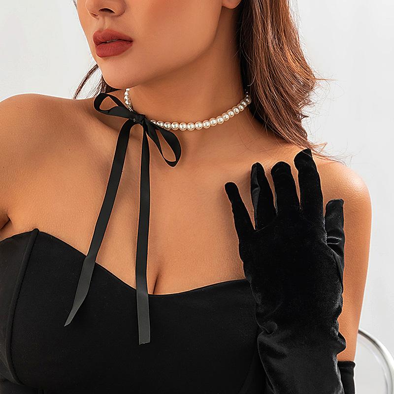 Women Ribbon Clavicle Chain Choker Imitation Elegant Y2K Bowknot Necklace Pearl Sweet Goth Black Accessories
