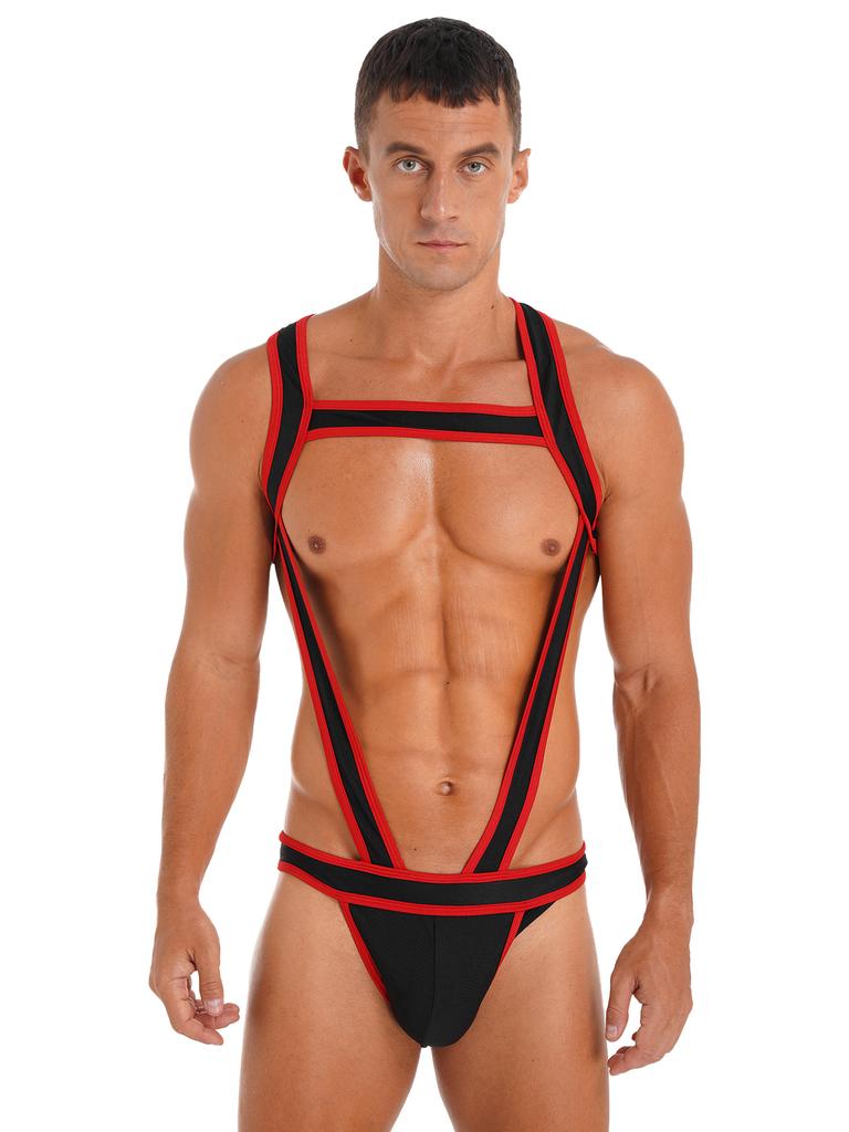 Mens Contrast Trim Chest Harness Jumpsuit Bulge Pouch Design One-Piece Bodysuit Jockstrap Underwear for Cosplay