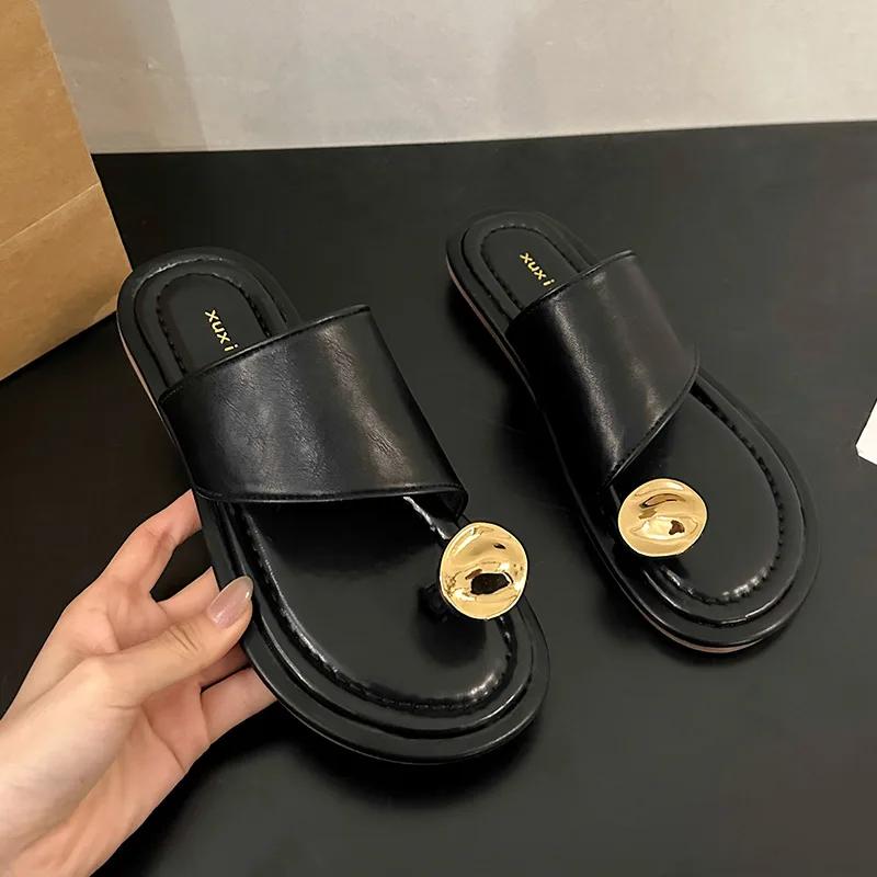 Модная летняя обувь для женщин на плоской мягкой подошве, роскошные пляжные шлепанцы для отдыха на открытом воздухе, сандалии, трендовые металлические элегантные женские туфли-слайды