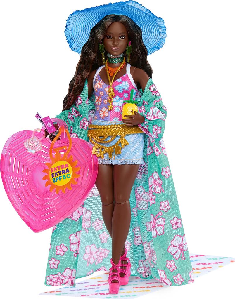 Barbie Extra Fly Doll with Travel Clothes Tropical Coverup with Oversized Hat Bag Beach-Themed & Accessories, &