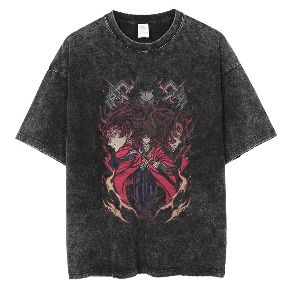 Hot Anime Demon Slayer Kokushibo Graphic Print Washed T Shirt Men Vintage Cotton Tshirts Manga Casual Tee Harajuku Male T-shirt