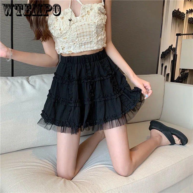 WTEMPO Kawaii мини-юбки женские Лолита кружевные оборки лоскутная черная юбка в консервативном стиле однотонные корейские юбки с высокой талией