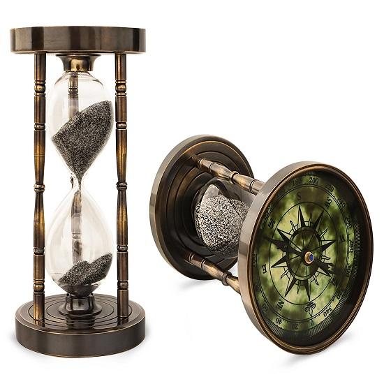 Песочные часы из латуни с двусторонним компасом, морским декором и хронометражем