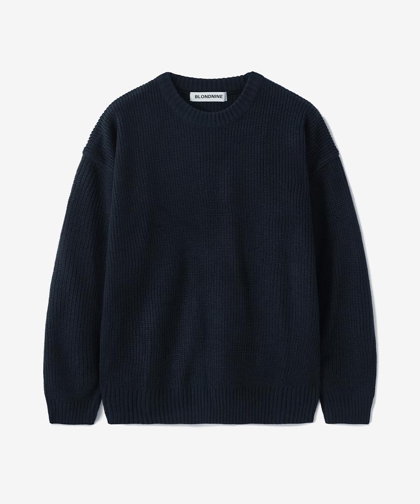 BLOND9 Crew Neck Rib Knit Sweater_Navy