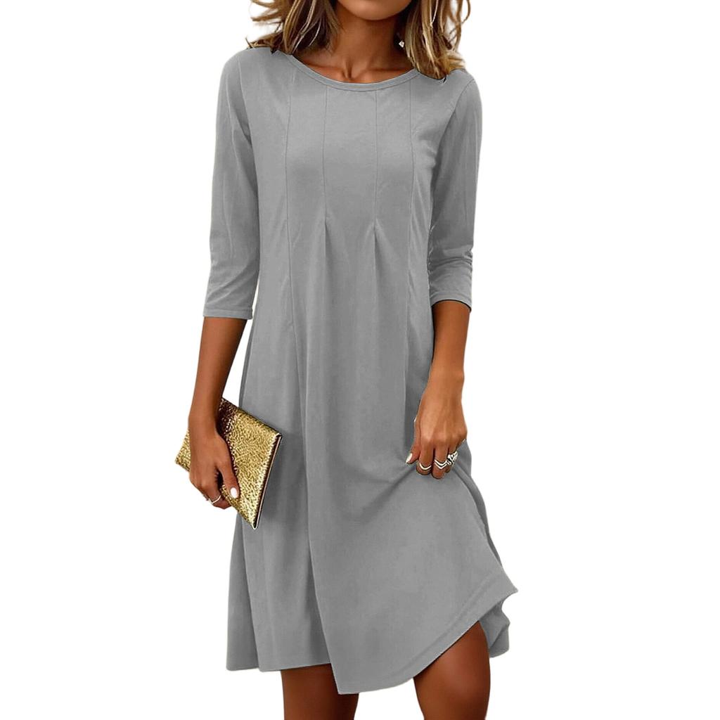 Women's Fashionable And Elegant Pleated Round Neck Three-quarter Sleeve Dress