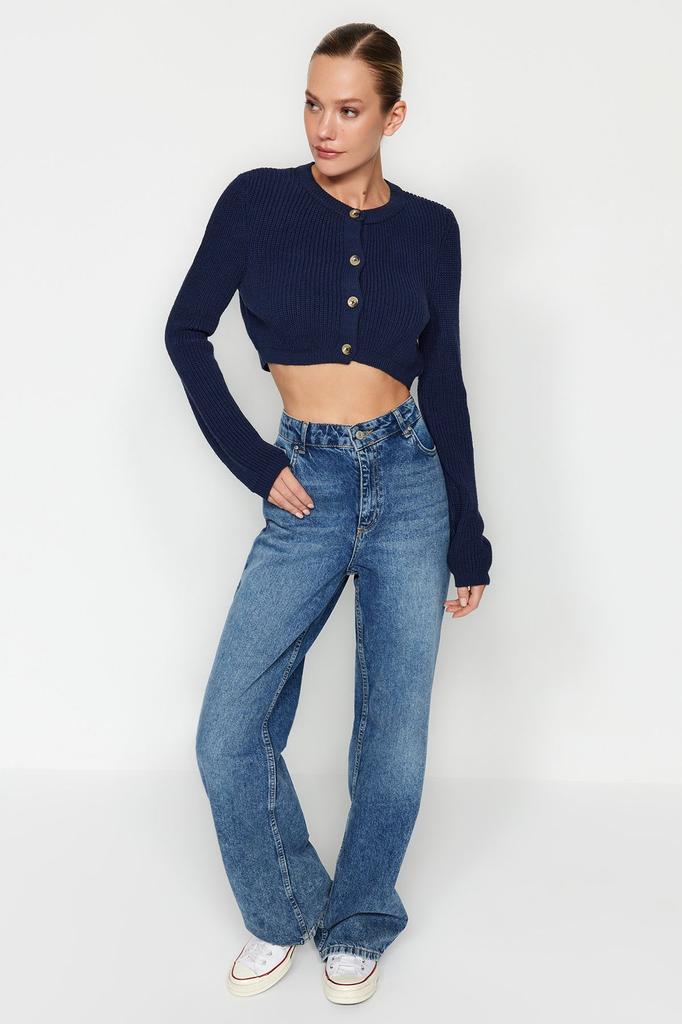 Women's Fashion Stylish Cardigan Navy Blue Super Crop Basic Knitwear Cardigan