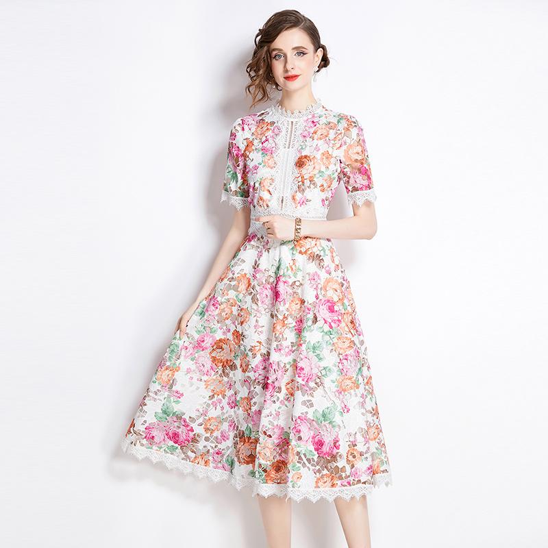 Элегантное кружевное летнее платье с цветочным принтом для женщин, высокое качество, тонкое праздничное платье с короткими рукавами, халаты Femme
