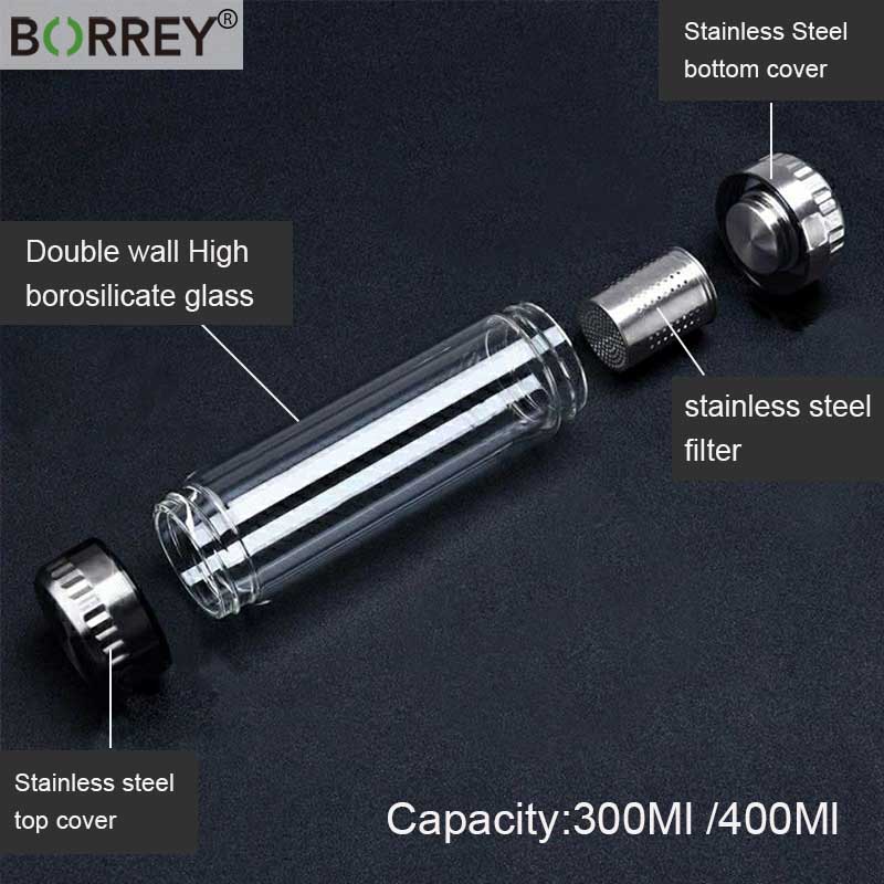 Бутылка для заварки чая BORREY для воды, стеклянная бутылка с двойными стенками, бутылка для воды, отдельная бутылка для воды и напитков, 2 крышки, 1 фильтр