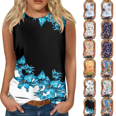 Женская модная повседневная футболка без рукавов с цветочным принтом и круглым вырезом
