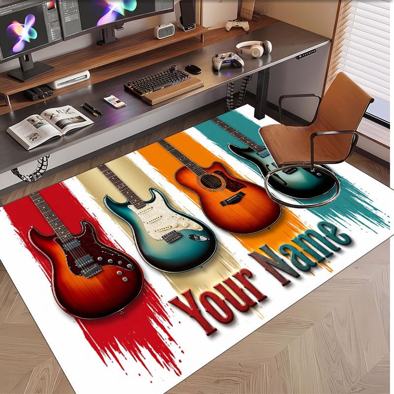 Music Guitar Theme Soft Crystal Velvet Rug Custom Name & Text Print Non Slip Floor Rug for Bedroom Living Room