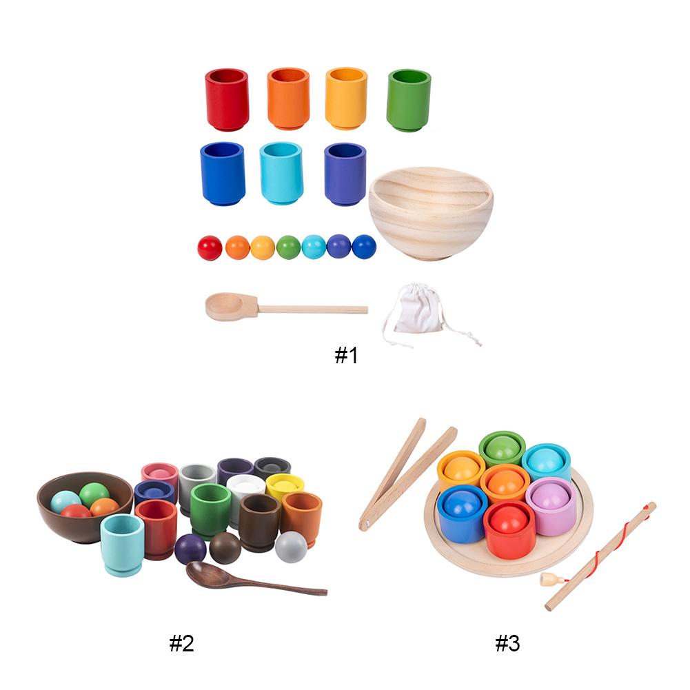 Rainbow Balls in Cups Preschool Learning Toys with Cups/Balls/Bowl/Spoon Wooden Color Sorting Toy for Kids 3 Years Old and Up