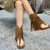 Spot second hair! Tassel rivet herringbone clip sandals new inner height increase side zipper Roman cool boots western boots