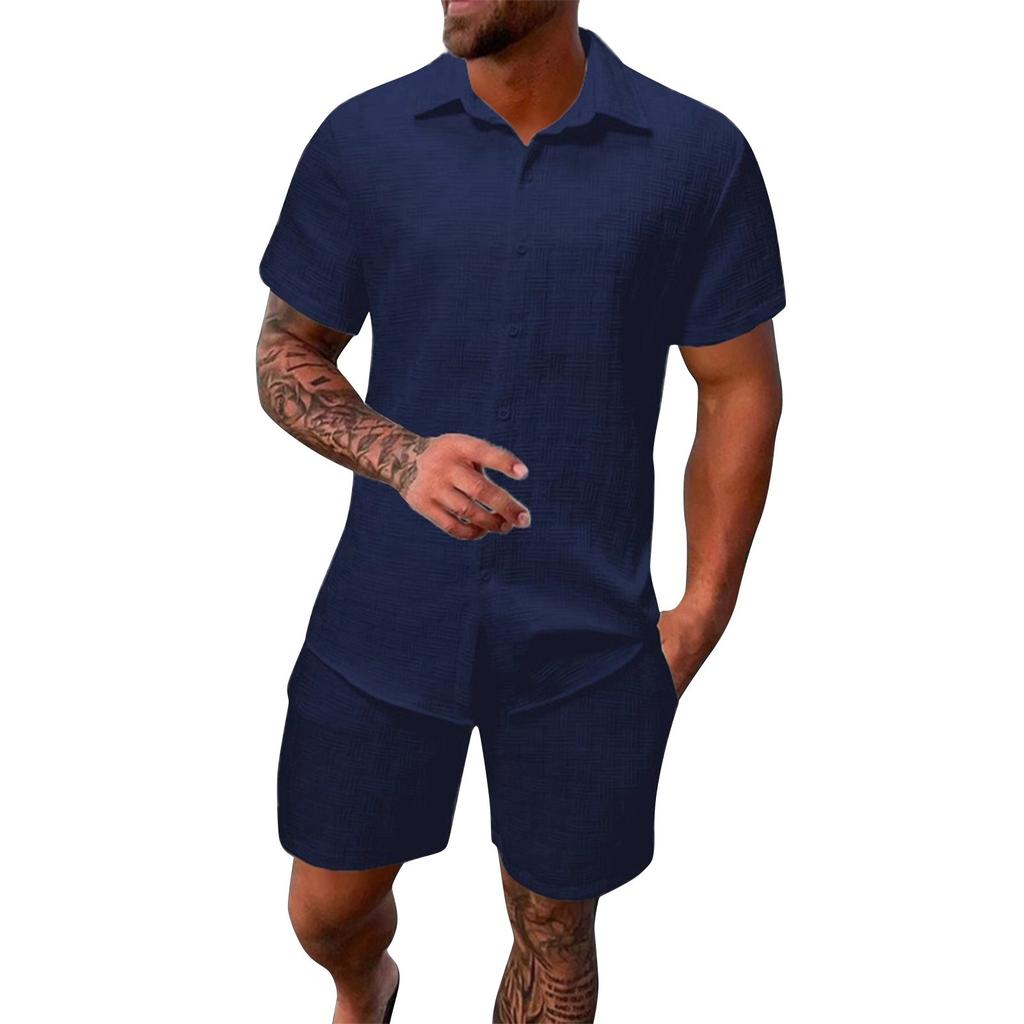 Men's Summer Solid Color Short Sleeve Button Lapel Shirt Shorts Set