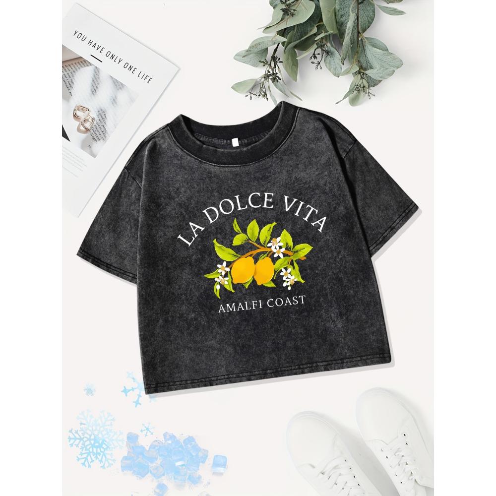Summer Cotton Crop Tops Women La Dolce Vita Amalfi Coast Lemon Prints Washed T-Shirts Y2K Regular Fit O-Neck Clothes