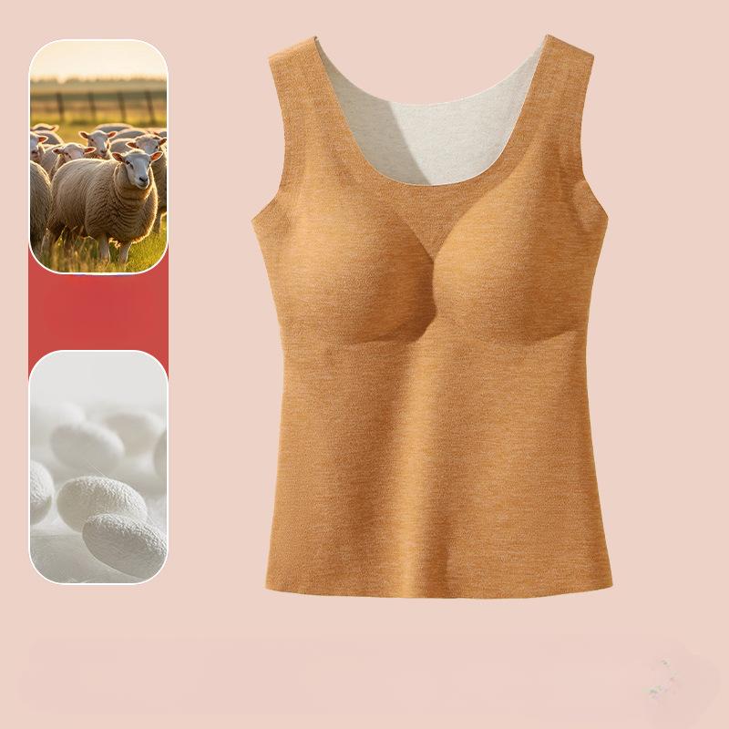 Autumn and Winter Warm Vest Women's Wool Round Neck Fixed Chest Pad with Velvet German Velvet Seamless Inner Layer Bottom Underwear