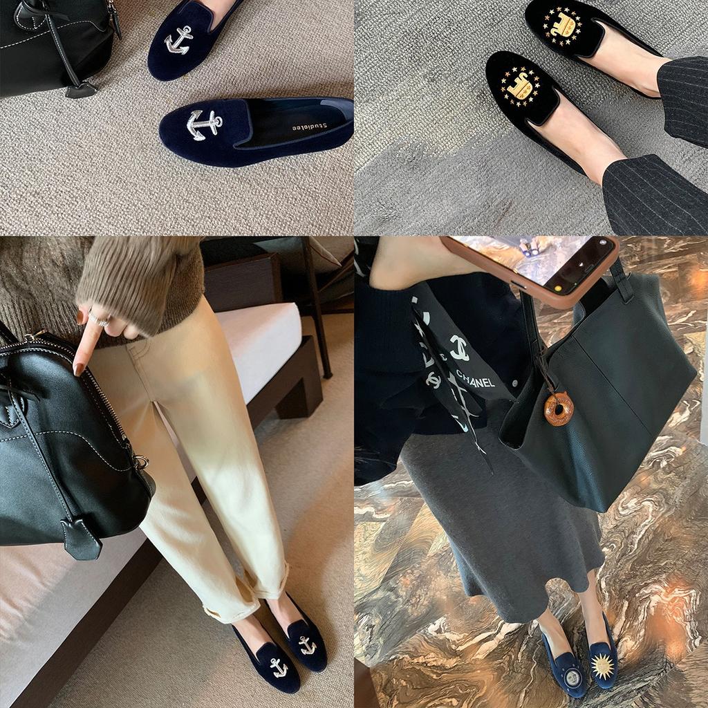 Studiolee French Exquisite Embroidery One-pedal Velvet Flat-soled Soft-soled Loafer Beanie Single Shoes Women