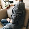 Мужской свитер кардиган с лацканами, приталенный, повседневный, однобортный, однотонный кардиган для