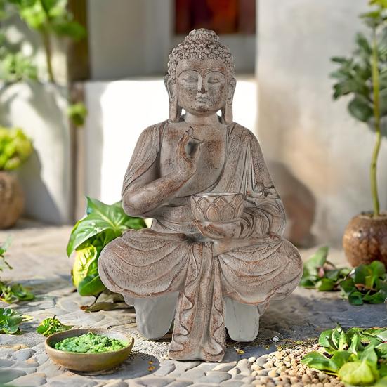 Статуя солнечного Будды, скульптура медитирующего Будды из смолы с лотосным светом, декор для дзен-сада, освещенная фигурка Будды для патио, двора, дома