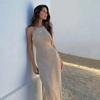 2024  Kintted Cover Up Beach Sexy Halter Sleeveless See Through Maxi Slit Bodycon Summer Dress Bikinis Cover-ups  Elegant Halter Beachdress