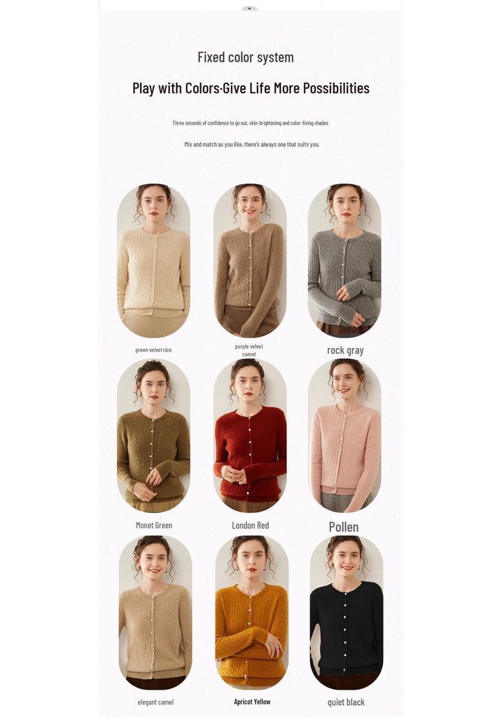 Women's Cashmere Cable Knit Round Neck Cardigan - Autumn/Winter Fashion Versatile Style.