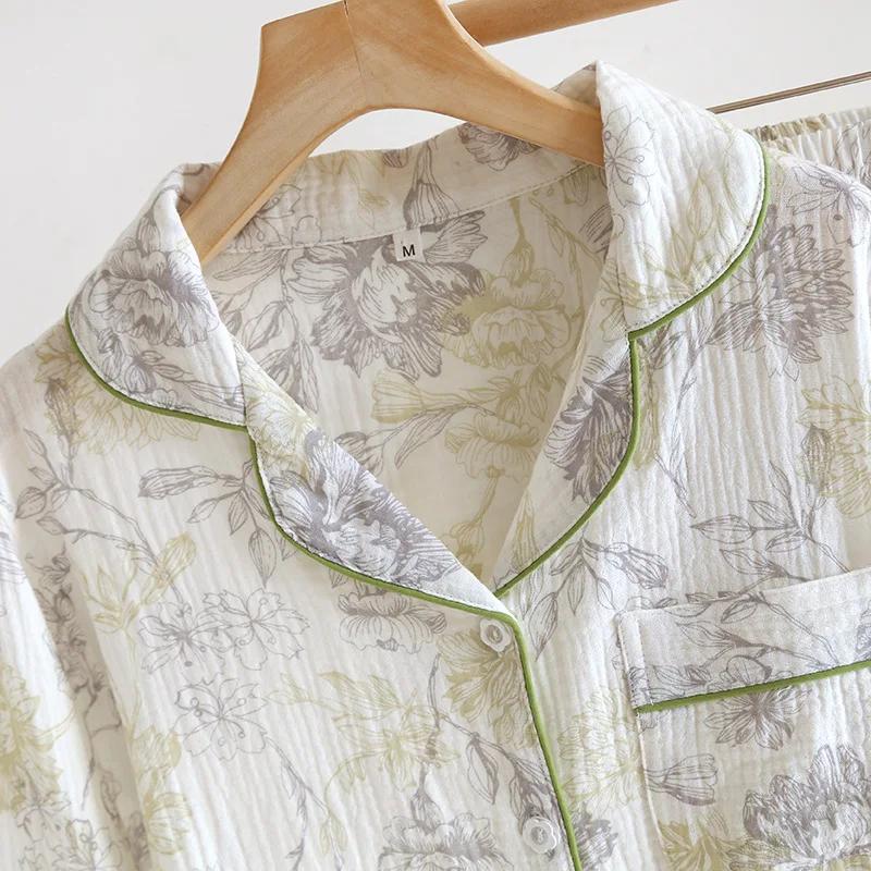 Летний женский пижамный комплект из 100% хлопкового крепа, домашний декор, отложной воротник, напечатанный, длинный рукав, женский комплект