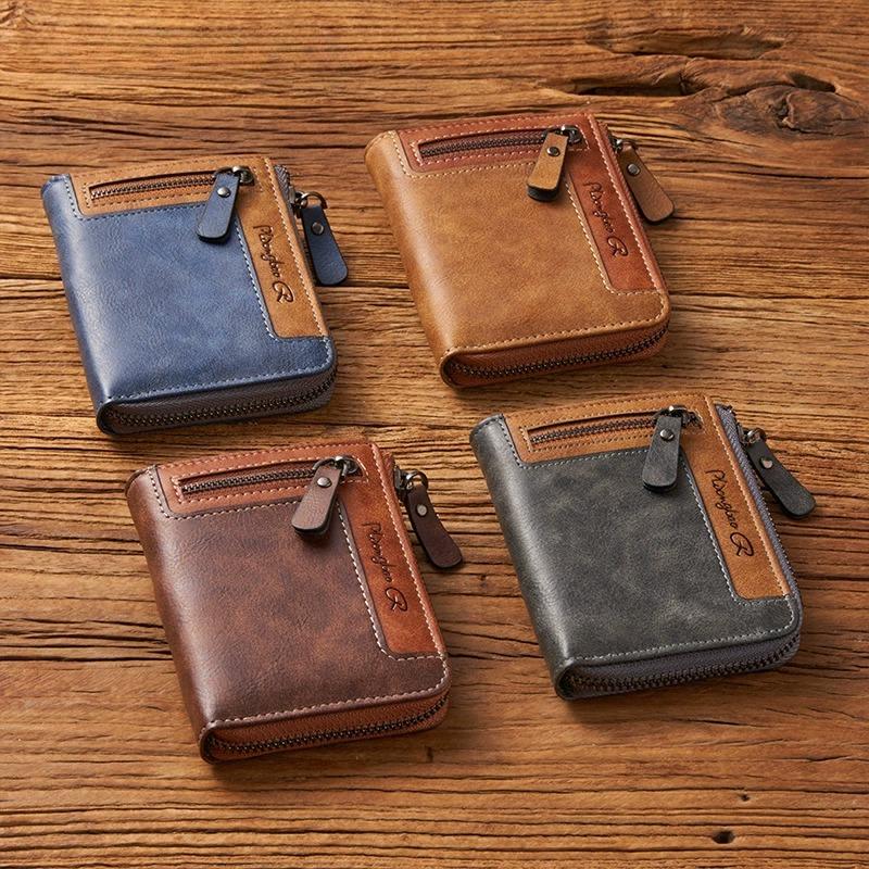 Trendy Luxury Men's Wallet Designer Male Short Zipper Leather 3 Fold Money Clip Card Holder High Quality Retro Coin Purse
