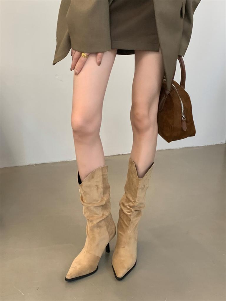 Модные женские сапоги с острым носком до середины голени Chelsea Botas на тонком высоком каблуке 2024 года. Новые поступления. Черные, бежевые, коричневые туфли-лодочки для вечеринок. Женские туфли 35-39