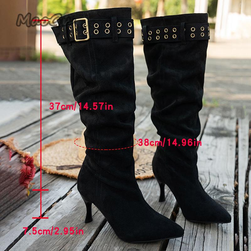 Модные ботфорты на высоком каблуке с ремешком с пряжкой для женщин, модные туфли для вечеринок с острым носком и каблуком-стилетом, женские ботфорты до колена с плиссированным дизайном