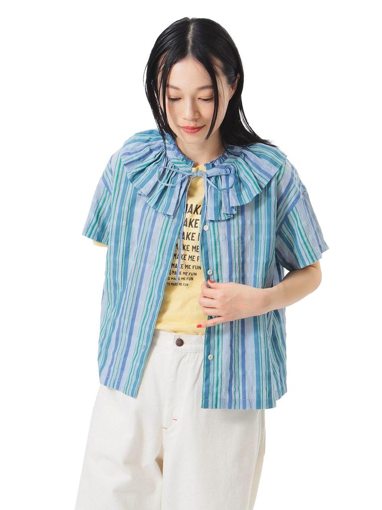 Beams Boy Women's Striped Ruffle Short Sleeve S/S Shirt, Blue, Free Size