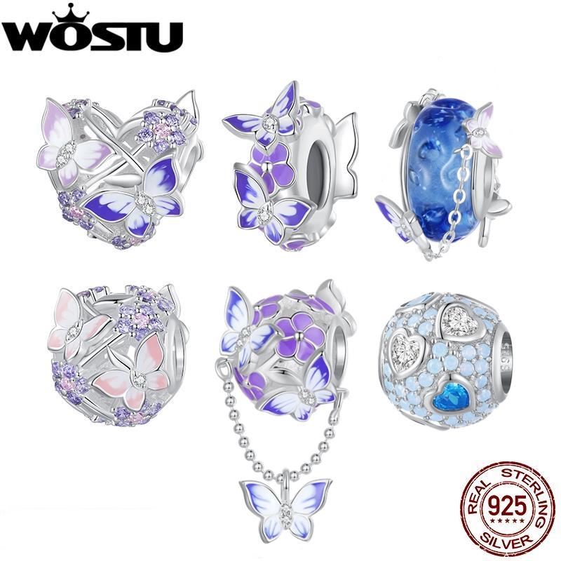 WOSTU Стерлингового Серебра 925 пробы, мистический фиолетовый цветок, подвески, бусины, защитная цепочка в виде бабочки, подходит для оригинального браслета, DIY ожерелье, ювелирные изделия