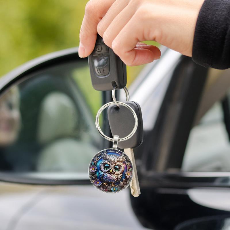 1PC Owl Pattern Circular Glass Keychain Pendant Accessory Metal Keyring Pendant Small Gift Portable Decorative Key Purse Charm