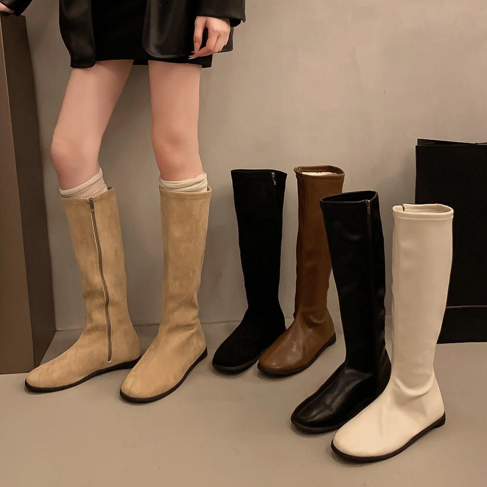 Красивые тонкие, но плоские одинарные сапоги рыцарские сапоги универсальные корейские высокие сапоги женские белые круглые тонкие длинные