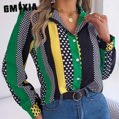 Женская мода, повседневная рубашка в горошек с длинным рукавом и воротником, блузки и рубашки, цветная рубашка