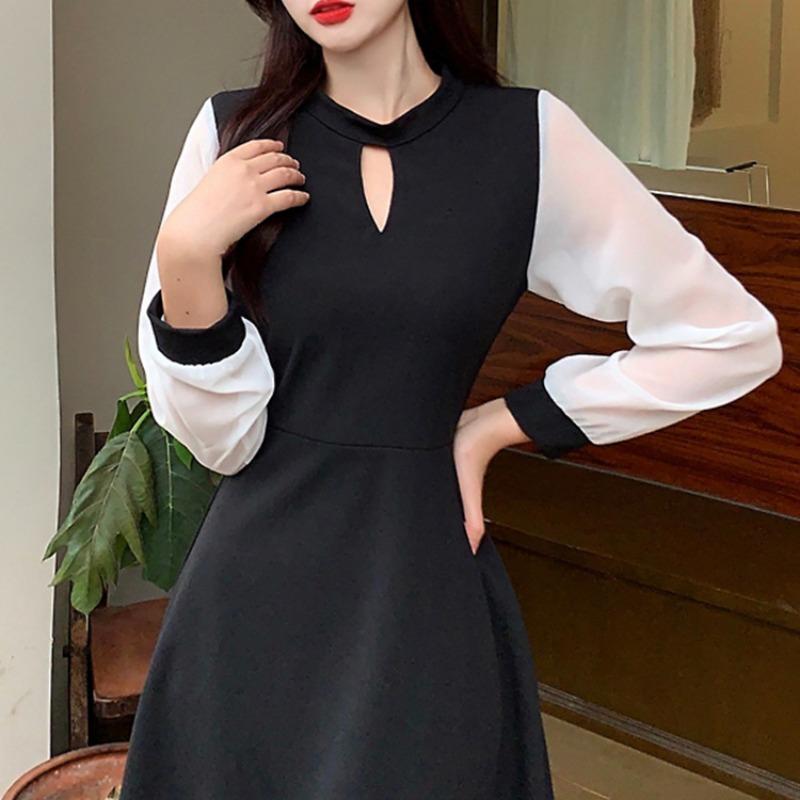 Женское платье Hepburn Wind с длинным рукавом и контрастными цветами, весеннее платье со шнуровкой и открытой талией