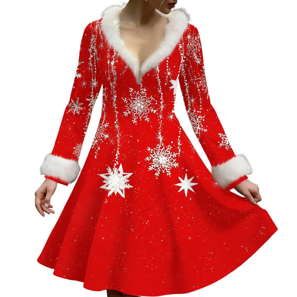 Женское повседневное платье с V-образным вырезом, рождественским принтом, плюшевыми длинными рукавами
