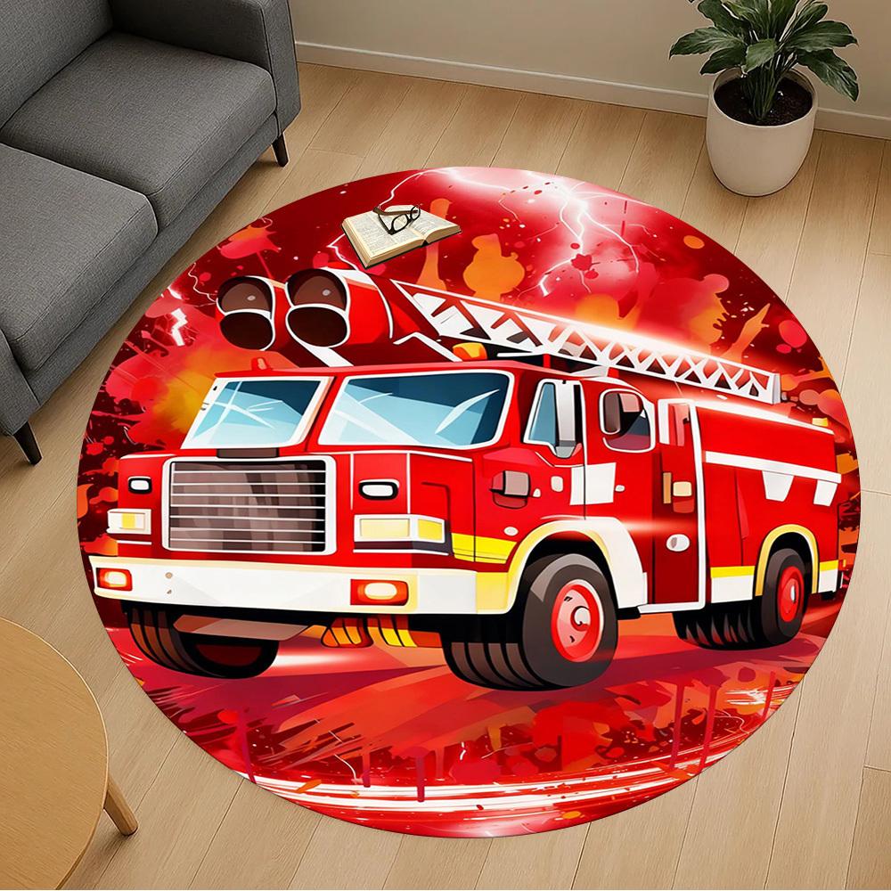 1PC Firetruck Lightning Round Chair mat Area Rug - Non-Slip, Floor Mat for Office, Bedroom, and Indoor Decor -Gift D1127203