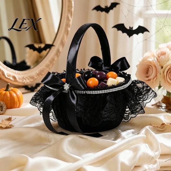 Decorative Masquerade Props Black Flower Girl Basket with Handle And Bow, Gothic Satin Durable Halloween Lace for Wedding Ceremony, Bridal Party, Home