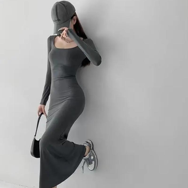 Y2K Sexy Black Dress Women Vintage Wrap Slim Bodycon Long Dresses Party Evening Square Collar Fashion Spring Outfits