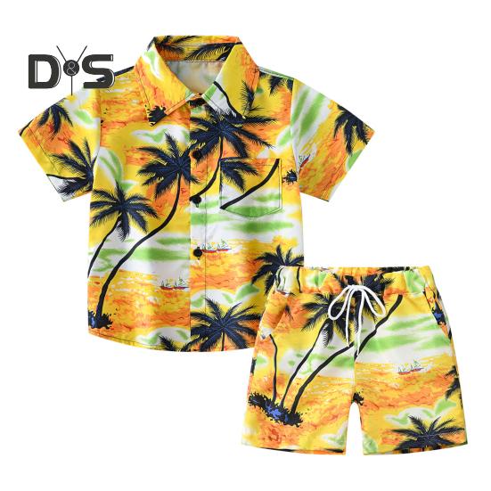 Комплект гавайской одежды для малышей, рубашка с изображением пальмовых листьев на закате, шорты, детский костюм в стиле кокоса, дышащая повседневная летняя одежда для повседневной носки