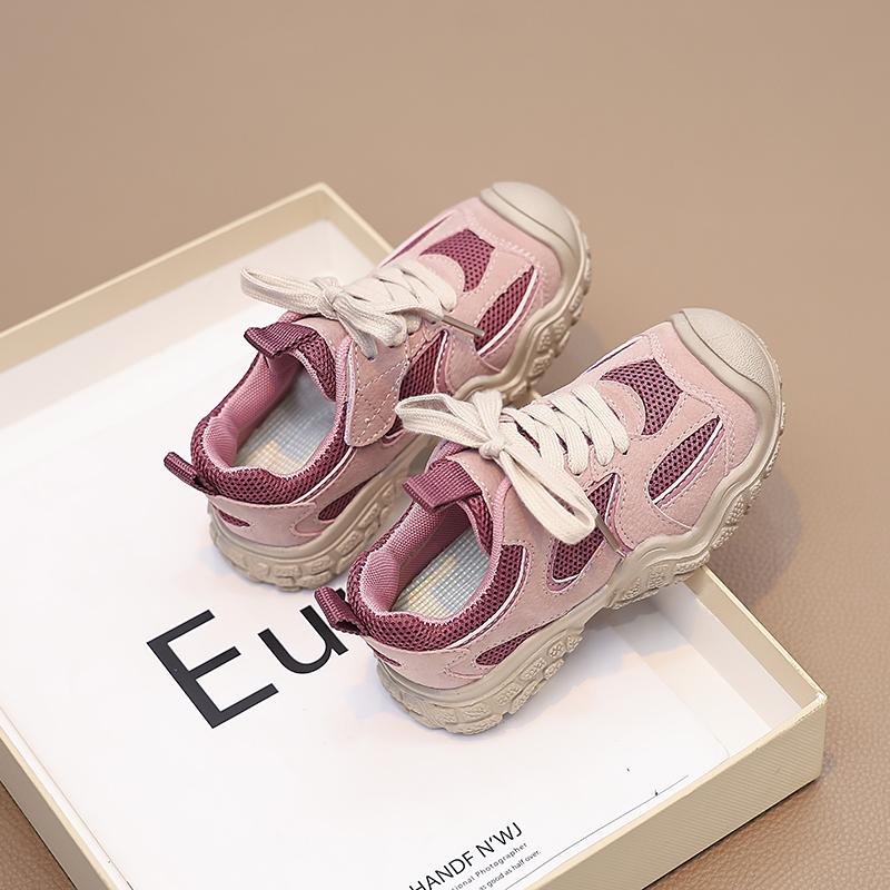Детская повседневная обувь для мальчиков и девочек, на шнуровке, из дышащей сетки, с защитой от ударов, модные детские кроссовки для бега и спорта, розово-серые