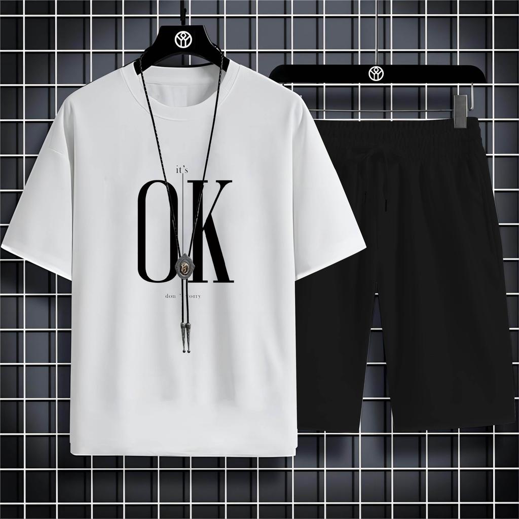 Four Seasons New Outdoor Sports Style 2d Letter Ok Printed Men'S O-Collar Comfortable Breathable Casual T-Shirt Set Quick Drying