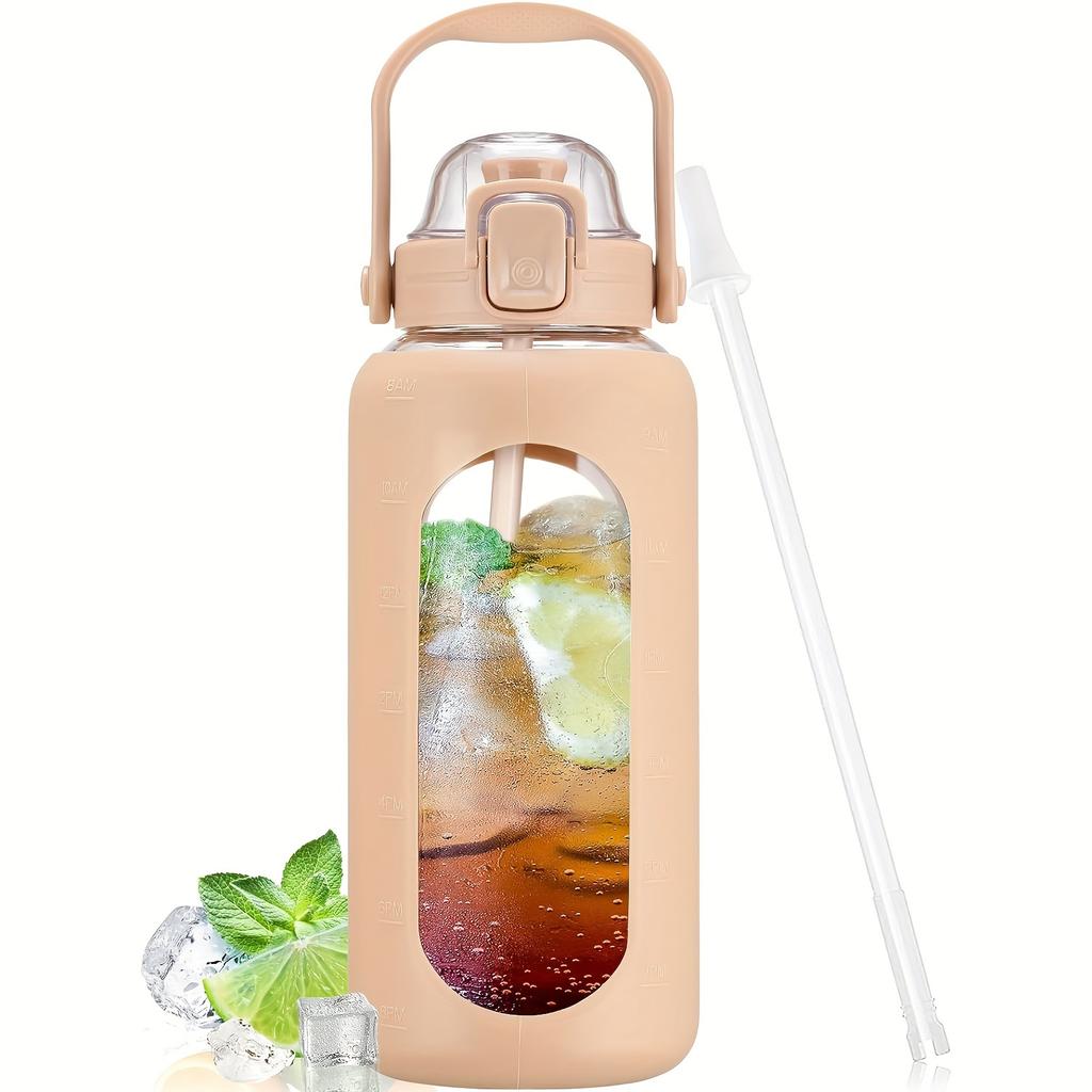 64oz Glass Water Bottles With Straw And Lid Half Gallon Water Bottle With Time Marker Leakproof Glass Water Bottles With Silicone Sleeve