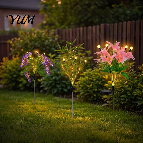 Weatherproof Solar Landscape Lights 2Pcs Artificial Flower Lights, Lily Bamboo Wisteria Garden Stake Pathway for Walkway Powered Firefly Waterproof