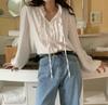Женская корейская рубашка с оборками, завязками и пышными рукавами, свободного кроя, осень 2025
