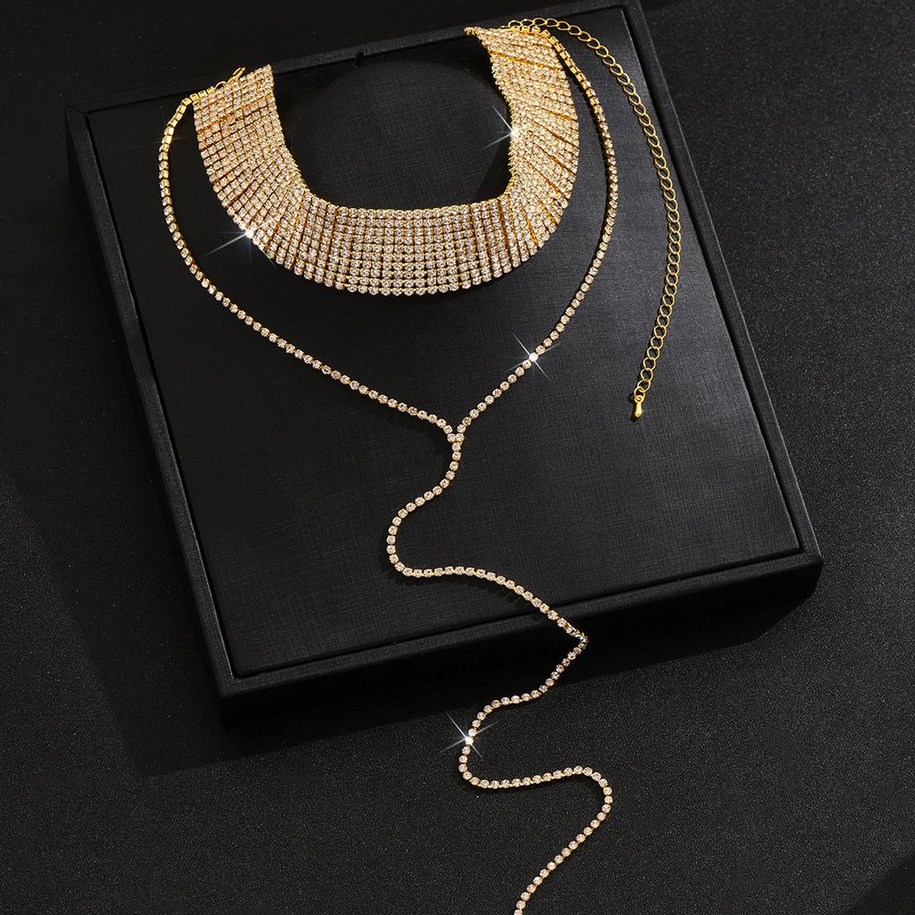 Body Chain Jewelry Sexy Double Neck Chain Super Flash Diamond Long Necklace Collarbone Chain Gold Black