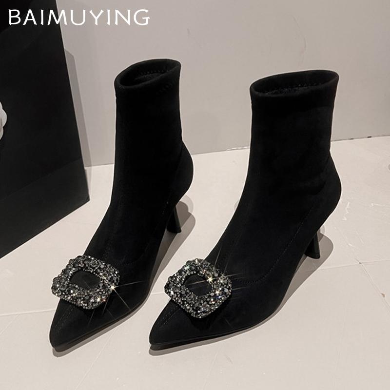Женские ботильоны с кристаллами, замшевые, с острым носком, элегантные туфли на высоком каблуке, тренд 2025 года, зимние модные туфли-лодочки, дизайнерские Botas De Mujer