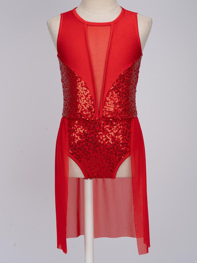 Girls Sleeveless Sequins Lyrical Dance Dress Modern Contemporary Costumes Gymnastics Hollow Back Leotard Dancewear