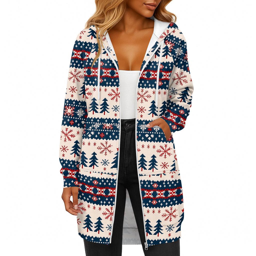 Женская модная рождественская толстовка с длинными рукавами, капюшоном на кулиске, карманом на молнии, длинная, повседневная