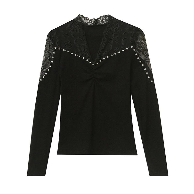 New V-neck Splicing Long-sleeved Slim-fitting and Thin Design Women's Top T-shirt